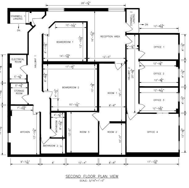 Second floor plan view showing office layout with 4 offices, 2 boardrooms, reception area, kitchen, 2 bathrooms, and storage